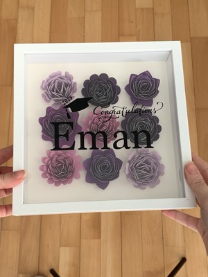 Personalisiertes Abschlussgeschenk - Schattenrahmen lila Papierblumen süß - Handarbeit