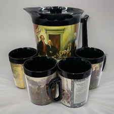 VTG THERMO-SERV West Bend Pitcher/Carafe/4 Mugs Declaration of Independence Wars