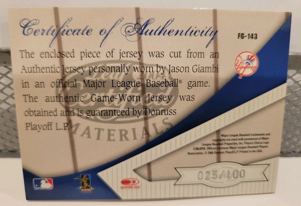 2004 Leaf Certified Materials - Fabric of the Game Jason Giambi #FG-143 /100 - Image 2 of 2