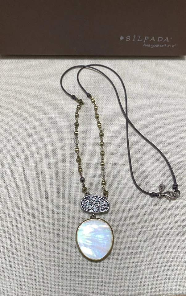 Collar Silpada Plata Esterlina 925 Perla Cristal Latón Oyster Bay N2455 Foto 3 de 4