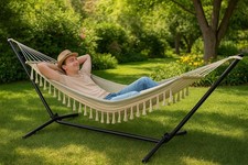 Outdoor Hammock on Frame Heavy Duty Steel Stand Green White Stripes Portable