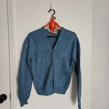 Vintage 60s Mohair Cardigan Cobain Sweater Grunge Fuzzy  Men's Small Blue
