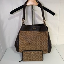 Coach F17672 Signature Jacquard Shoulder Bag  Matching Zip Wallet Brown Leather