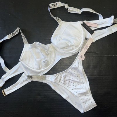 Victoria's Secret 32DDD,34B,34DD BIKINI S bride crystal BOTTOM WHITE SHINE STRAP