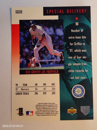 1998 Collector's Choice StarQuest #SQ30 Ken Griffey Jr. Special Delivery - Picture 2 of 2