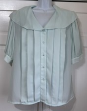 Vintage Josephine Pleated Blouse Green Short Sleeve Button Down Shoulder Pads 18