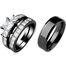 Couples Rings Black Set Womens Black 3 Stone Type Ring Set Mens Black Flat Band