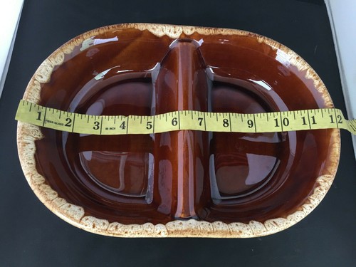 Vintage Hall Pottery USA Brown Drip Glaze, Divided Bowl, 12"L, 8.5"W - Picture 5 of 8