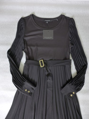 MARC NY ANDREW MARC Size L Long Sleeve Pleated Belted Midi Dress Black - Picture 3 of 12