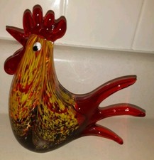 Murano Art Glass Rooster Bird Figurine Hand Blown Red Orange Yellow 6"x6  FLAW 