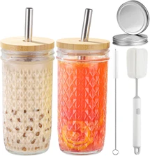 2 Pcs Glass Cups Set - 24Oz Mason Jar Drinking Glasses with Bamboo Lids & Str...