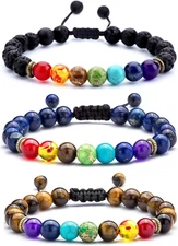 Pulseras De Los 7 Chakras Con Rocas Volcánicas Para Hombres Mujeres & Parejas