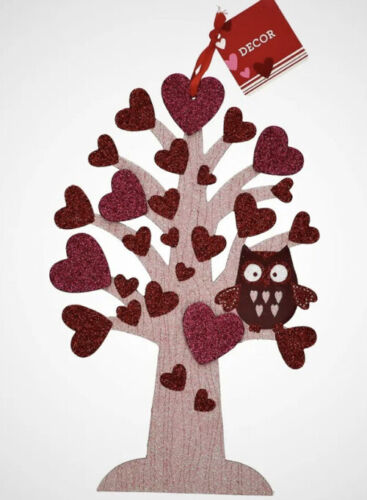 Valentine's Glitter Tree with Pink & Red Hearts and Owl Outside Inside  13 x 9 - Picture 1 of 8