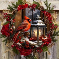 2D Flat,1pc,Round Aluminum Art Plate- Cardinal and Oil Lamp Winter Wreath Sign W