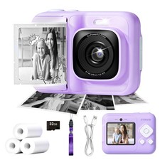Kids Camera,1080P Instant Digital Print, Dual Lens,32GB Card, Purple Funny ...
