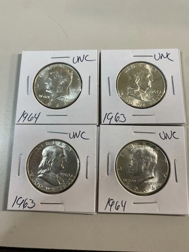 Nice Lot Of Uncirculated 1964 Kennedy And 1963 Franklin Halves  90% Silver