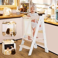 Foldable Toddler Standing Tower, 2-Adjustable Height Wooden Kids Step Stool
