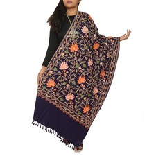 Sanskriti Vintage Long Blue Woollen Shawl Handmade Ari Scarf Throw Stole