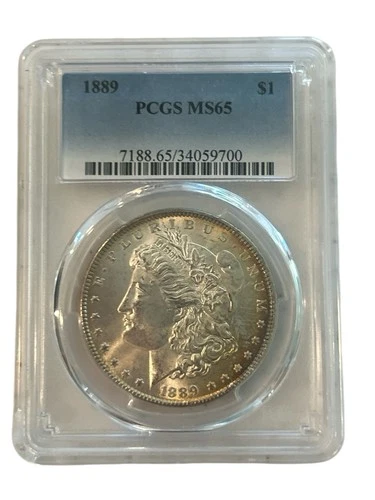 1889 Morgan Silver Dollar PCGS MS65 $1 Certified — Attractive Gold & Blue Toning