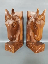 Pair VTG 10" Carved Solid Wood Horse Head Bookends Dark Brown EUC!