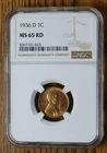 1936 D Lincoln cent graded by NGC MS 65 RD