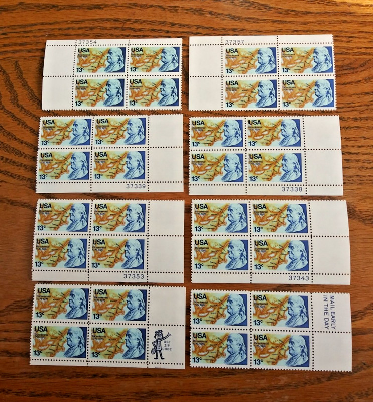 USA 250th, Benjamin Franklin, 13¢ stamp, 6 plate blocks + 2, Scott# 1690 MNH