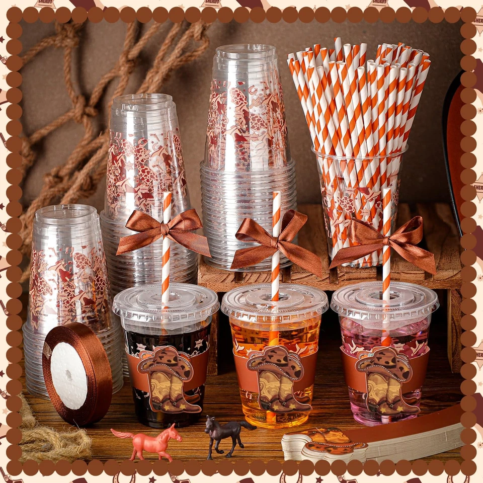 60 piezas 12 OZ Western Cowboy tazas de plástico con tapas mangas y pajitas marrón con... Foto 4 de 4