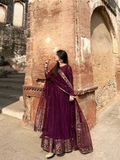 Indian Look Faux Georgette Wine Gown Bottom With Dupatta For Wedding Wear