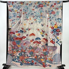 JAPANESE KIMONO FURISODE CREAM 160cm 5 ft 3 in PURE SILK FF10486