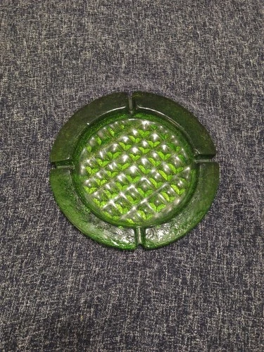 Vintage Blenko Glass Emerald Green Waffle Print Large 11” Cigar Ashtray Dish