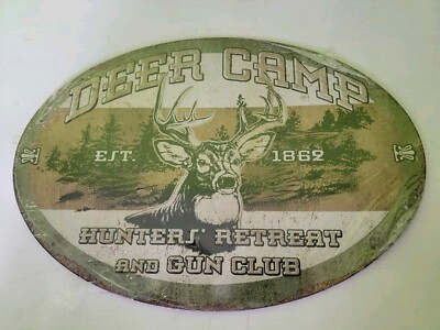 River's Edge Products ''Deer Camp'' Tin Sign Wall Decor Mancave Hunters Retreat