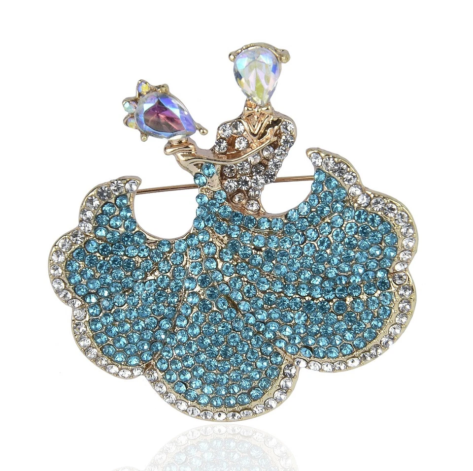 Broche de cristal strass austríaco salão de baile casal dança ouro azul P60G - Imagem 3 de 4