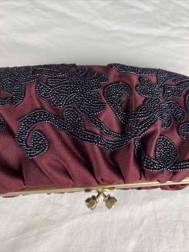 Kate Landry Evening Bag Burgandy Satin Clutch Or Shoulder Purse Beaded - Picture 2 of 5