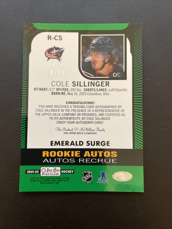 2021 O-Pee-Chee Platinum Emerald Surge 8/10 Cole Sillinger Rookie Auto - Image 2 of 2