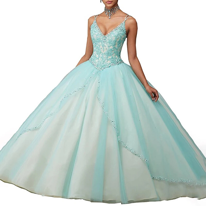 tiffany blue bridal party dresses Princess Tulle Spaghetti Straps V Neck Prom Dresses, Long  cherishgirls Tiffany Adjustable Satin Bridesmaid Dress
