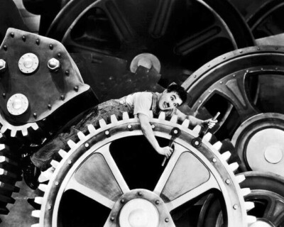 Charles Chaplin swallowed up by factory machine Modern Times 1936 Poster 24x36