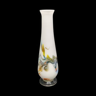 Mid Century Glas Vase 70er Jahre Dalian Glas weiß gefasst Schneeflocke Glaswirbel