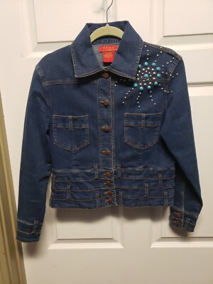 Nydj Womans Jacket and Matching Pants Size S Turquoise Star Burst Silver Studs