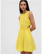 Gap Side Tie Cut Out Mini Dress Crew Neck Large Lemon Yellow