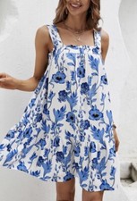 SHEIN Blue & White Sleeveless Floral Print Ruffle Hem Cami Dress Size Large