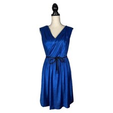 Suzi Chin for Maggy Boutique Blue Saitn Belted Dress Size: 4
