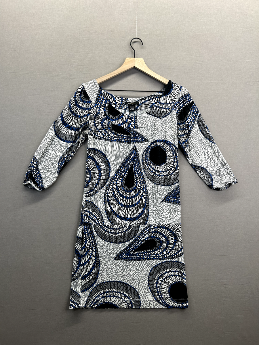 bcbg grey dress MAXARIA Womens Gray Midi Geometric Long Sleeve Scoop Neck Size S 
