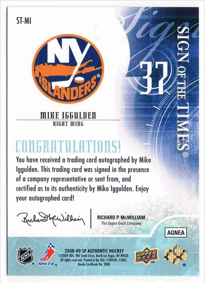 2008-09 SP AUTHENTIC SIGN OF THE TIMES MIKE IGGULDEN AUTO SAN JOSE SHARKS #ST-MI - Image 2 of 2