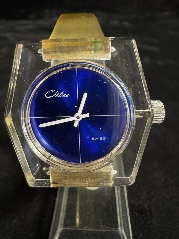 Vintage Chateau Swiss Acrylic Case Watch Blue Dial Clear Band Unisex Retro 1970s - image 2 of 4