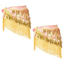 Belly Dance Hip Scarf with Tassels Sequin Coin for Party Yellow, Pack of 2 