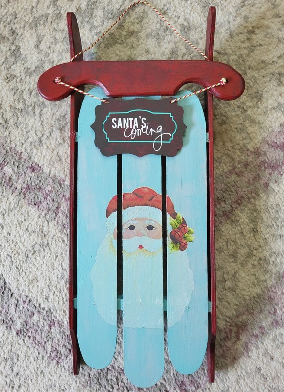 Christmas Santa Claus Sled Wall Hanging Decor. Red/ Turquoise, Holiday