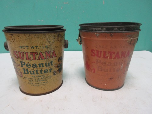 2 Vintage Sultana Tin Litho Peanut Butter 1 Pound Pail Bucket A&P Tea Co + Lids
