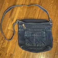 Vintage Blue Denim Crossbody Bag Hippie Boho Zipper Multi-Pocket 16-6