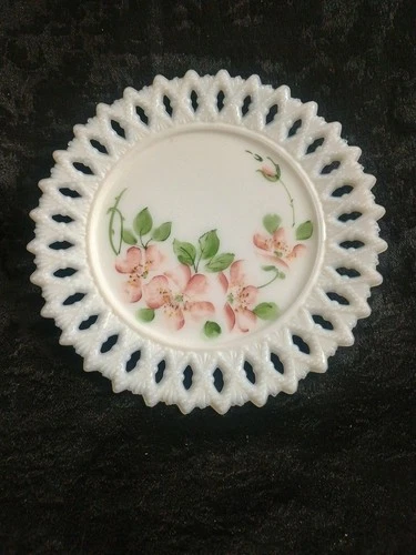 Vintage Milk Glass Hand Painted Plate Apple Blossoms