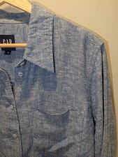 GAP Shirt Mens M Blue Linen Bld Chambray Long...